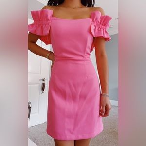 THESE THREE BOUTIQUE OFF THE SHOULDER RUFFLE PINK DRESS